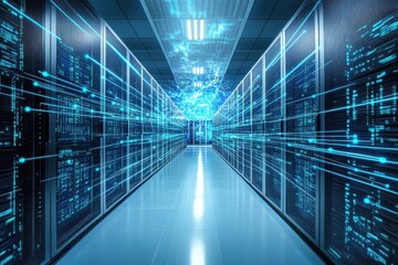 Modern server room with advanced technology and data flow visualization at night