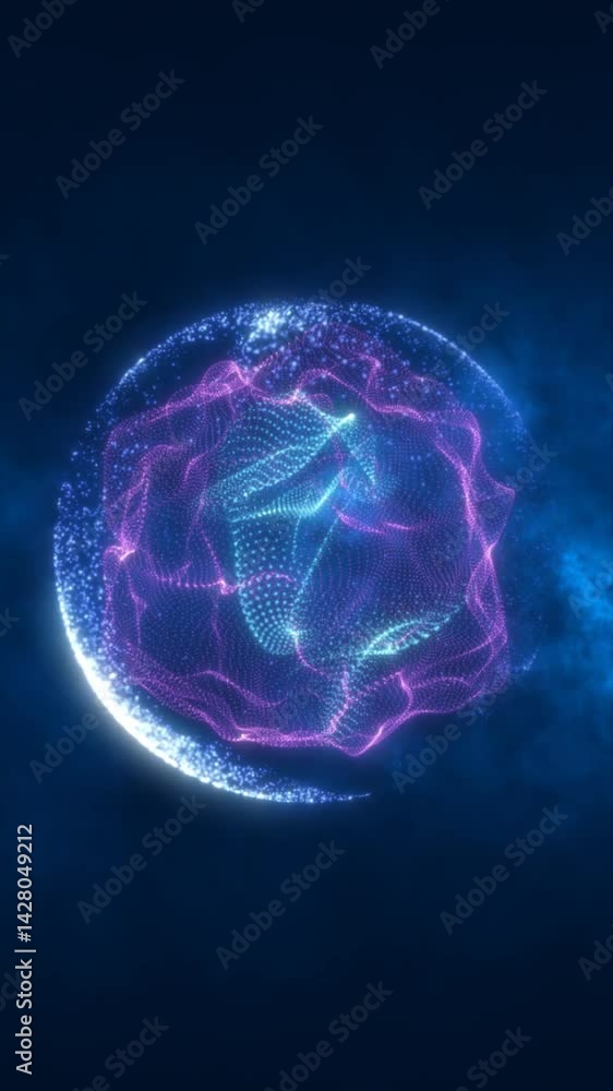 Poster glowing purple-blue particle sphere in space, surrounded by floating digital dots and light textures