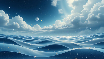 Dreamlike Seascape of Gentle Waves and Floating Petals, Bathed in Soft Sunlight and Cloudy Skies.