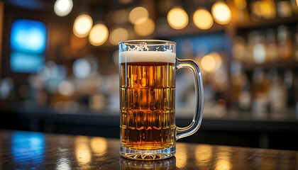 Amber Beer in Glass Mug Glows on Wood, Framed by Bokeh Lights and Cozy Bar Ambience.