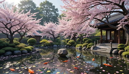 Cherry Blossoms Bloom by Still Pond, Koi Gliding Through Petals in a Serene, Harmonious Garden.