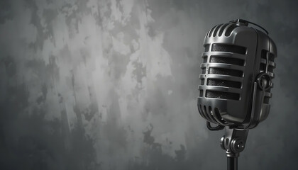 Elegant Black Microphone with Retro Ridges Stands Poised Against a Softly Textured Gray Backdrop.