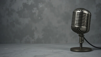 Classic Microphone with Vintage Charm Rests on Textured Gray, Framed by Industrial Shadows and Silent Stories.