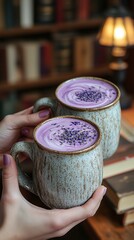 Two Hands Toasting Lavender Latte in Library