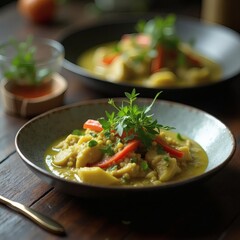 A cinematic, artistic portrayal of a contemporary fusion dish—Thai green curry with an Italian twist, served in elegant modern dishware.