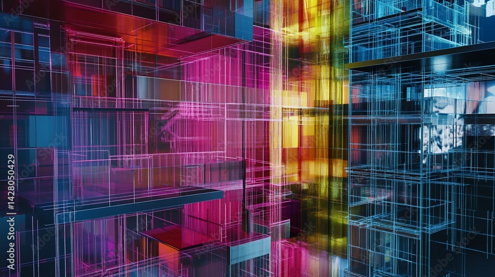 Aufkleber abstract 3d rendering of a complex architectural structure with multiple colors, lights and transpar