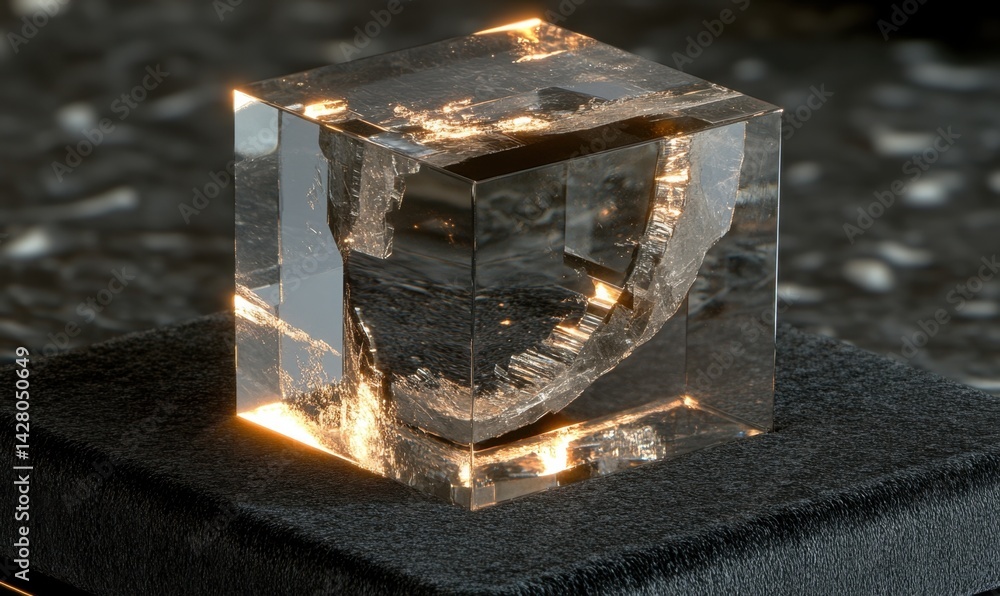 Poster crystal cube with inner object, dark background, product display