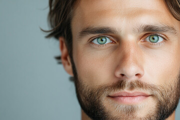 Fototapeta premium Close-up male beauty portrait, smooth glowing skin, minimalist background, natural lighting, clean skincare aesthetic, sharp focus 