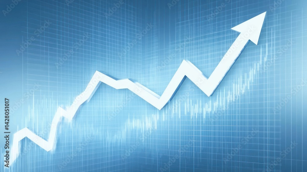 Aufkleber white arrow pointing upwards on a blue gradient background indicating growth.
