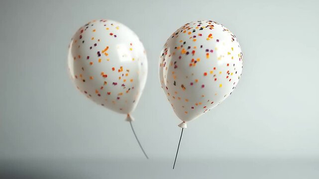 Two white balloons with colorful sprinkles floating against a soft gray background, creating a festive atmosphere