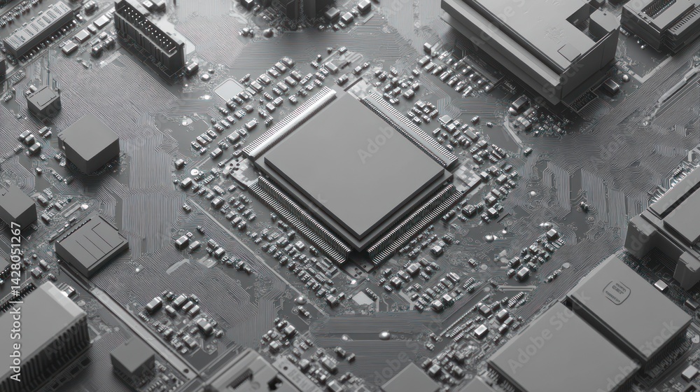 Poster close-up of a microchip on a circuit board in monochrome.