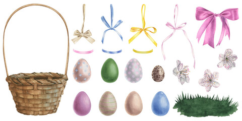 Colored eggs, satin ribbon bows, cherry blossoms and green grass. Hand drawn watercolor illustration of an Easter decor on an isolated background. A delicate set for greeting cards and invites.