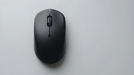 Minimalist Black Wireless Mouse, Sleek Cordless Computer Mouse, Simple Black PC Mouse on white background 