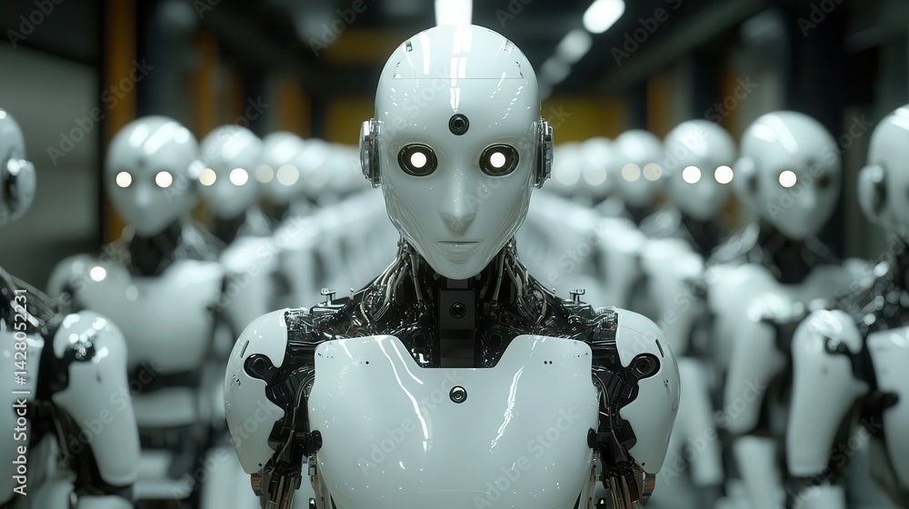 Aufkleber a line of humanoid robots with glowing eyes stand in a futuristic factory setting.
