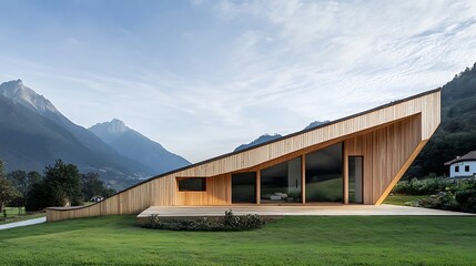 Fototapeta premium wooden rural home with slanted roof and expansive nature view