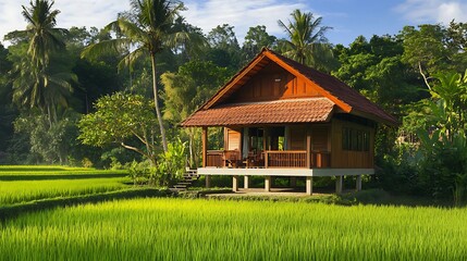 Obraz premium scenic elevated wood home with open layout and rice field environment