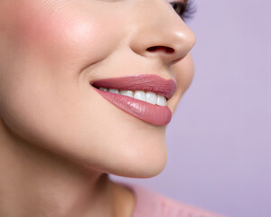 Obraz premium Close-Up of Smiling Woman with Rosy Makeup on Purple Background