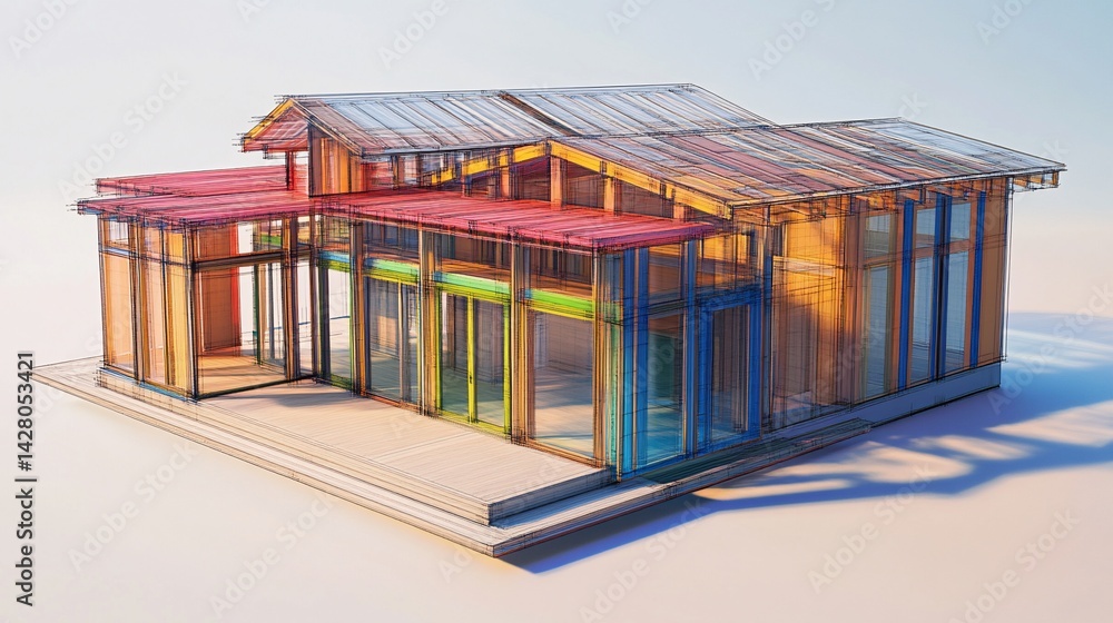 Poster architectural design rendering of a modern house with glass walls and a multi-colored frame