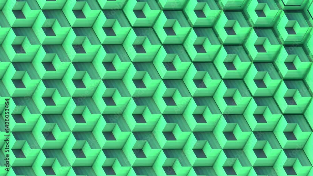 Fototapete Loop animation of a dynamic pattern of smoothly changing volumetric hexagons. Geometric composition using orthogonal perspective. Color scheme based on green tones. 3d rendering 4K