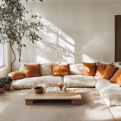 Cozy and Inviting Living Room with Bright Sunlight, Minimalist Decor and Warm Earthy Tones