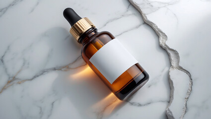 Amber dropper bottle mockup placed on a marble backdrop, exuding luxury and purity. Suitable for serums, essential oils, and premium skincare products.