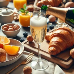 Champagne pouring into glass at breakfast brunch. Flute with sparkling wine with bubbles.