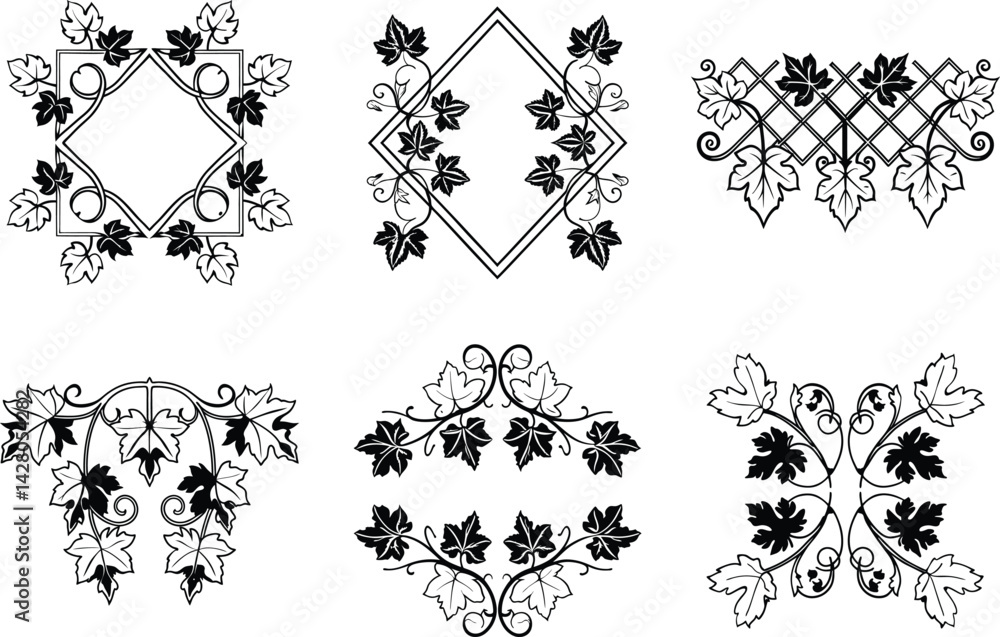 Poster elegant black and white grapevine frame and border design element collection