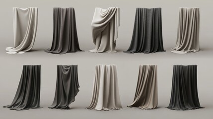 monochromatic draped fabric banner set, empty textile mockup collection, dramatic lighting on folds, ultra detailed advertising photography style, professional product visualization, premium material