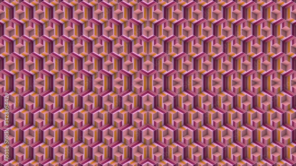 Fototapete Hypnotic loop animation of a geometric grid pattern made up of transforming hexagonal modules. Intense purple tones create a sense of depth. 3d rendering 4K