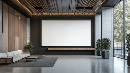 modern ceiling mounted display with black hardware, blank white panel, architectural product photography, professional visualization, clean composition, high-end commercial look