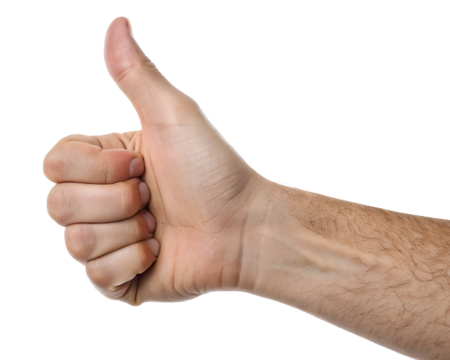 Close-up of a human hand giving a thumbs up gesture, symbolizing approval, success, positivity, or encouragement, with a clean white background and visible arm details