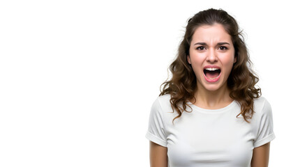 Fototapeta premium A young woman with curly hair and a white shirt looks surprised with her mouth wide open against a white background.