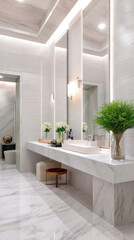 This luxurious bathroom showcases sleek marble tiles, large mirrors, and modern illumination. Fresh greenery adds life to the elegant decor, creating a tranquil and inviting space for relaxation
