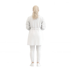 A woman stands confidently, facing away, dressed in a stylish white outfit. The clean background emphasizes her modern fashion choice and elegant posture.