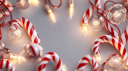 warm glowing christmas lights wrapped around striped red and white candy canes, luminous glass bulbs with realistic reflections, twisted garland string border, festive holiday illumination,