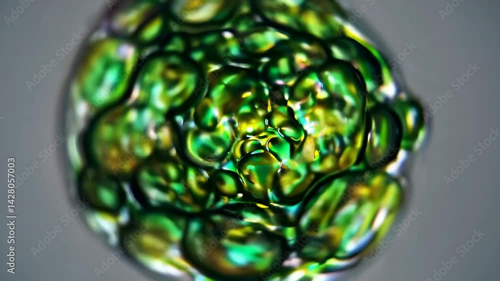 Poster dynamic transformation of green and yellow fluid bubbles in macro closeup