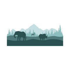 Wild life silhouette landscape. Vector mountains forest woodland background with wild animal.	