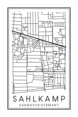 Hand drawn printable downtown road map poster of borough SAHLKAMP of the German city of HANOVER on solid white background with city name