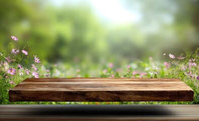 Wooden tabletop in a spring garden