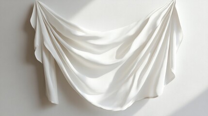 blank white fabric banner gently draped, realistic cloth texture with soft wrinkles, horizontal hanging display, subtle shadow details, clean minimalist design, studio lighting on light gray