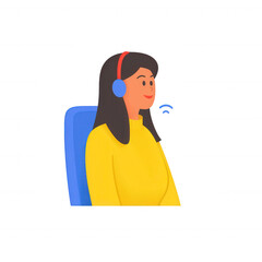 A young woman with headphones, engaged in a conversation, smiling while sitting in a modern office chair, wearing a yellow sweater