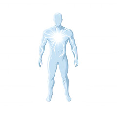 Abstract representation of a glowing figure with light emanating from the heart, symbolizing energy and vitality, displayed on a transparent background.