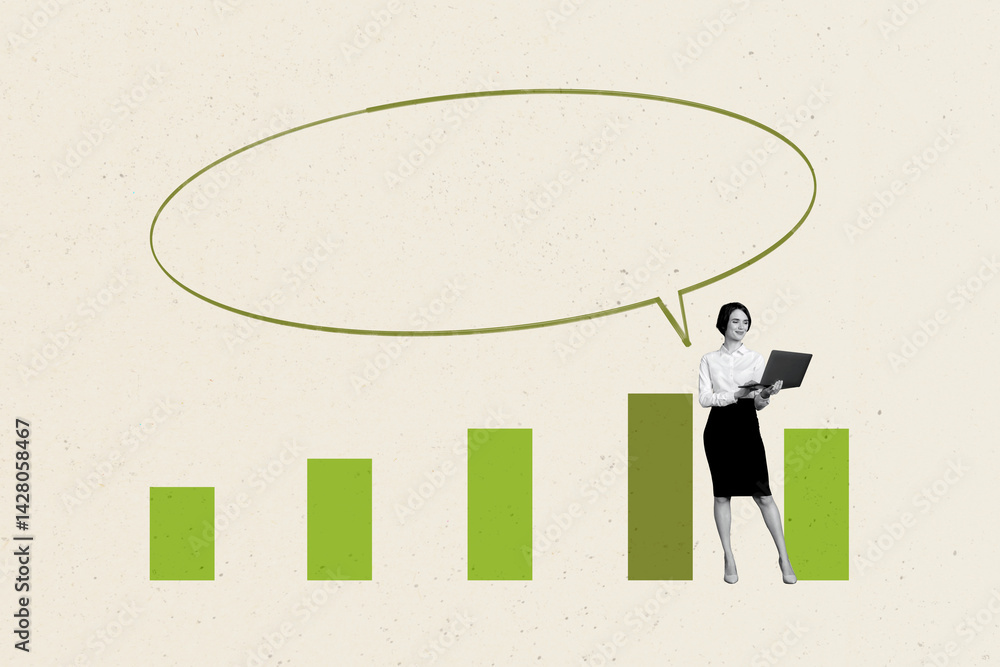 Poster art collage of person use netbook with graphs share comment speak on pastel green color background