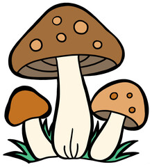 Three Mushrooms in Forest Style Illustration