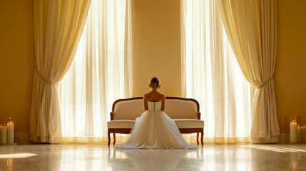 A woman in a wedding dress sitting on a couch in front of a window