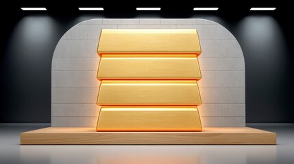 Four Gold Bars on Wooden Platform Against Gray Stone Arch