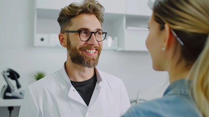 Obraz premium Smiling male doctor talking to female patient in modern medical office