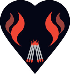 A pair of lit wooden matches in the shape of a heart, kissing each other — an abstraction of love and sacrifice.