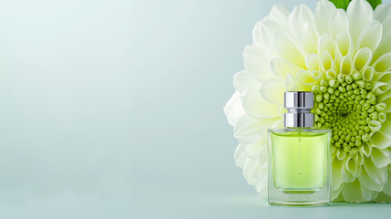 A bottle of perfume next to a white flower on a blue background