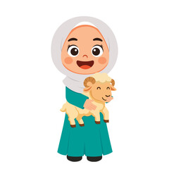 Girl in Hijab Holding a Sheep Celebrate Eid Al Adha Illustration